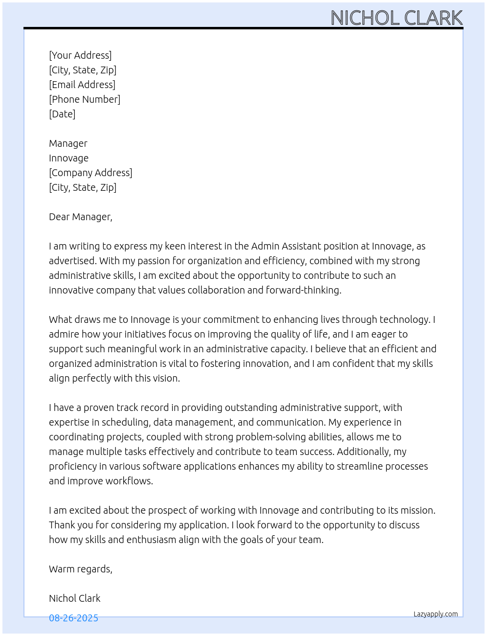 Cover letter for admin assist - LazyApply