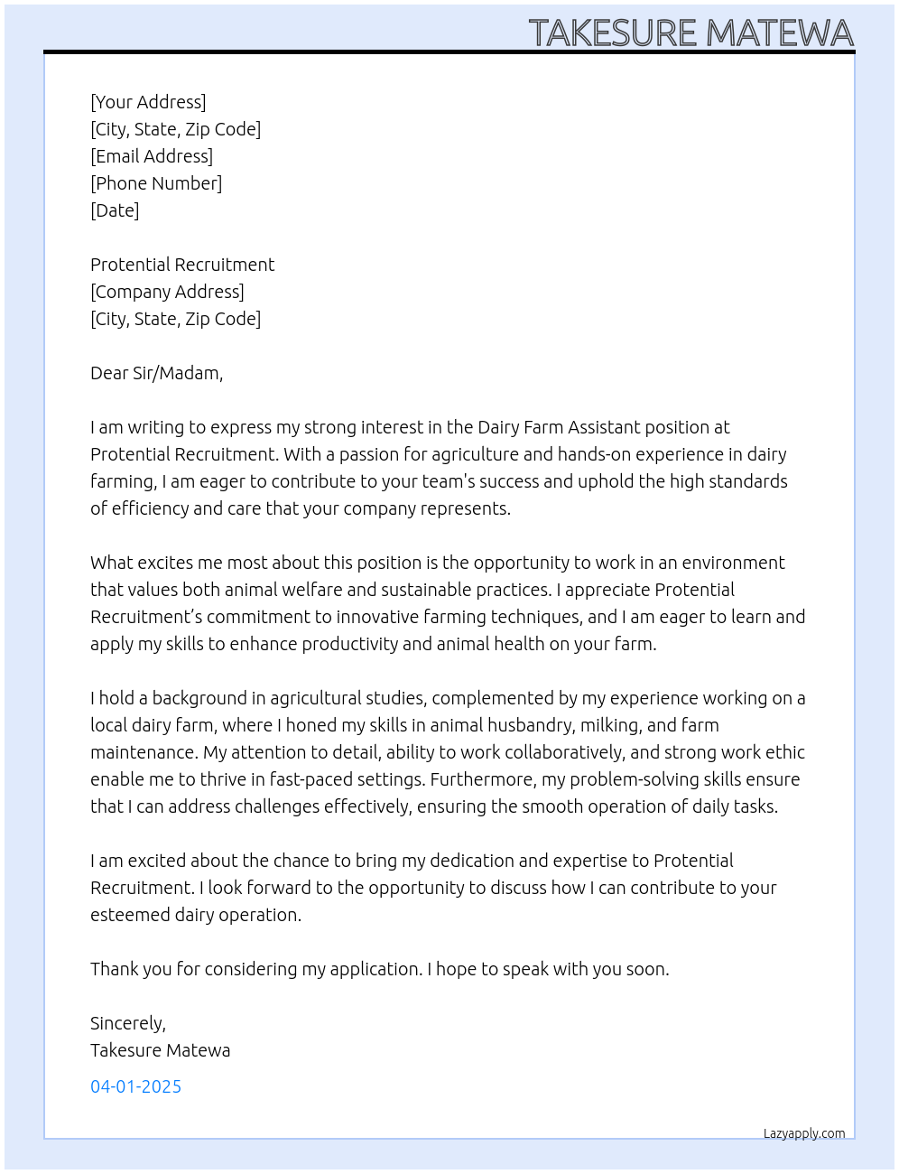 Dairy Farm Assistant At Protential Recruitment Cover Letter
