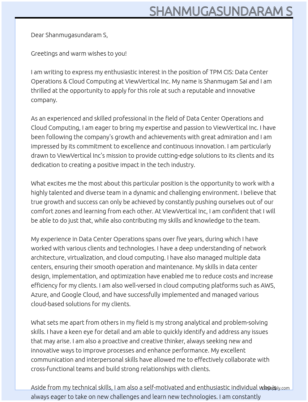 Cover letter for tpm cis: data center operations & cloud computing - LazyApply