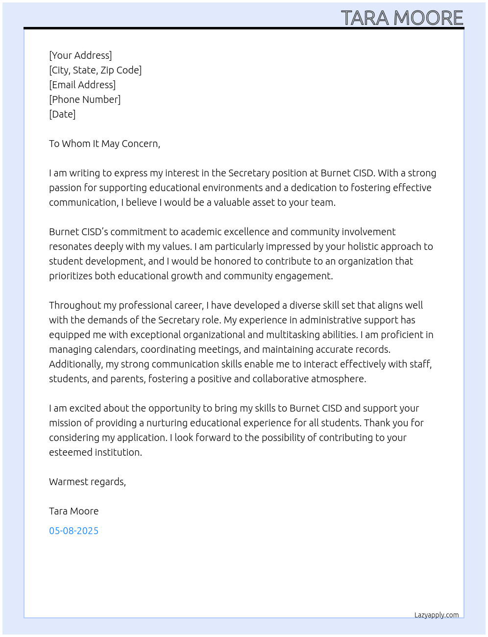 Secretary At Burnet CISD Cover Letter