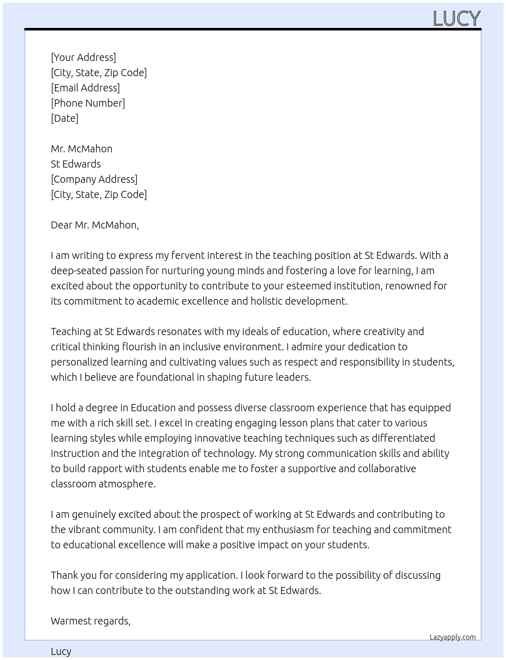 teacher At St Edwards Cover Letter