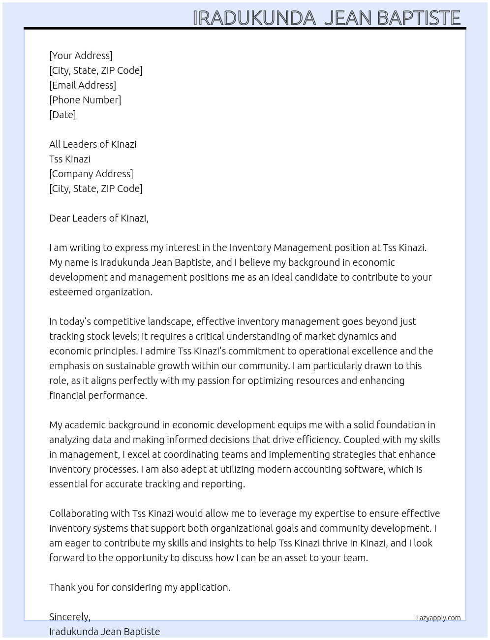 Inventory management  At Tss kinazi Cover Letter