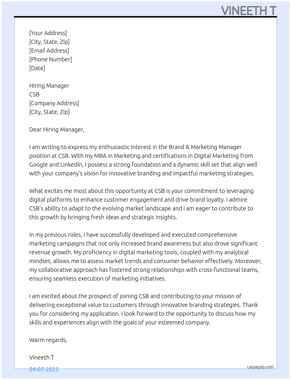 BRAND & MARKETING MANAGER At CSB Cover Letter