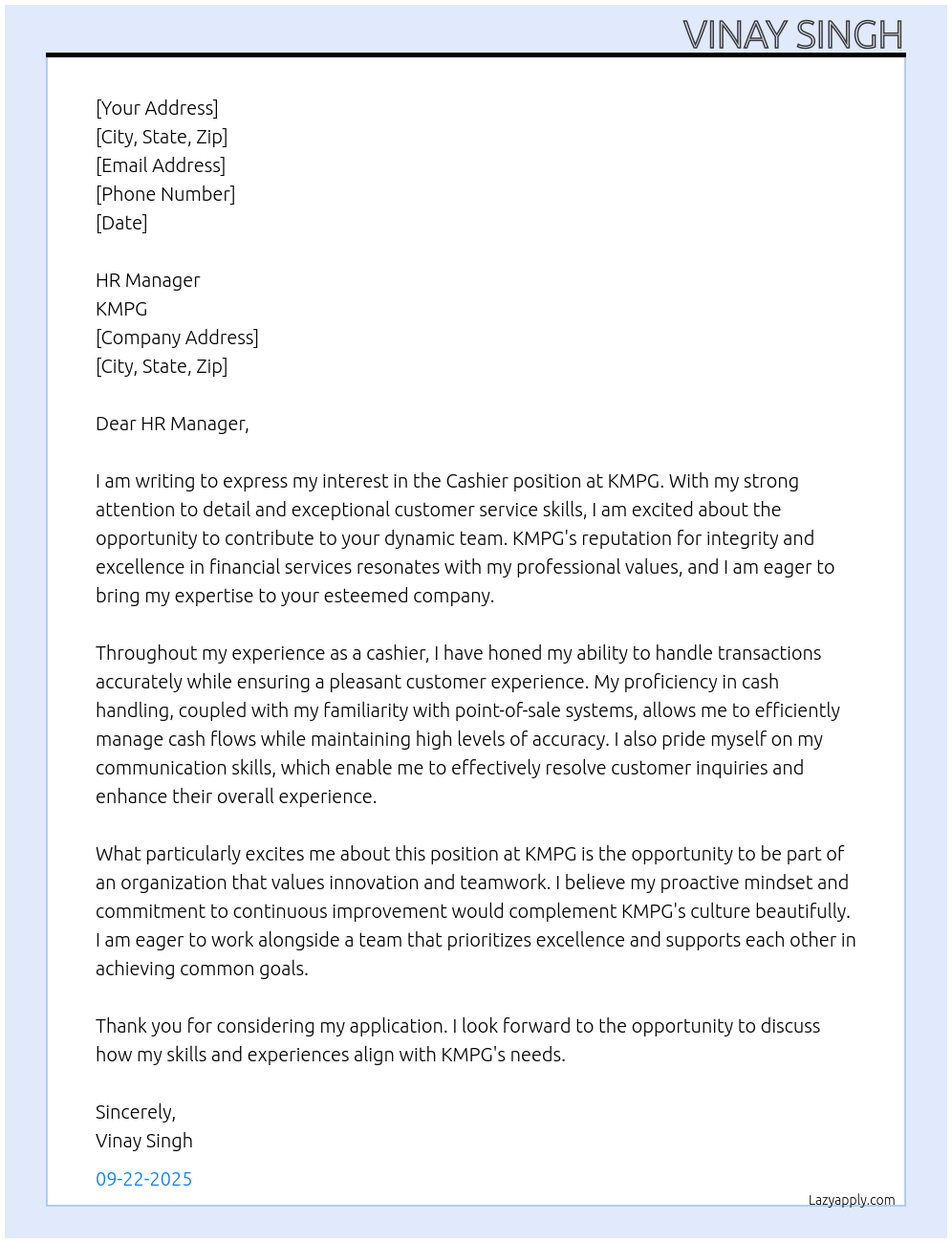 Cashier At KMPG Cover Letter