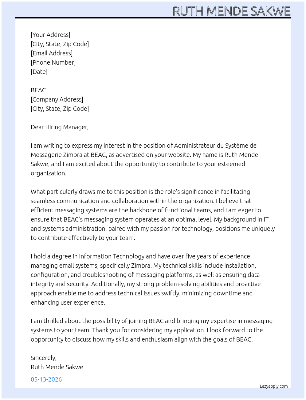 ADMINISTRATEUR DU SYSTEME DE MESSAGERIE Zimbra At BEAC Cover Letter