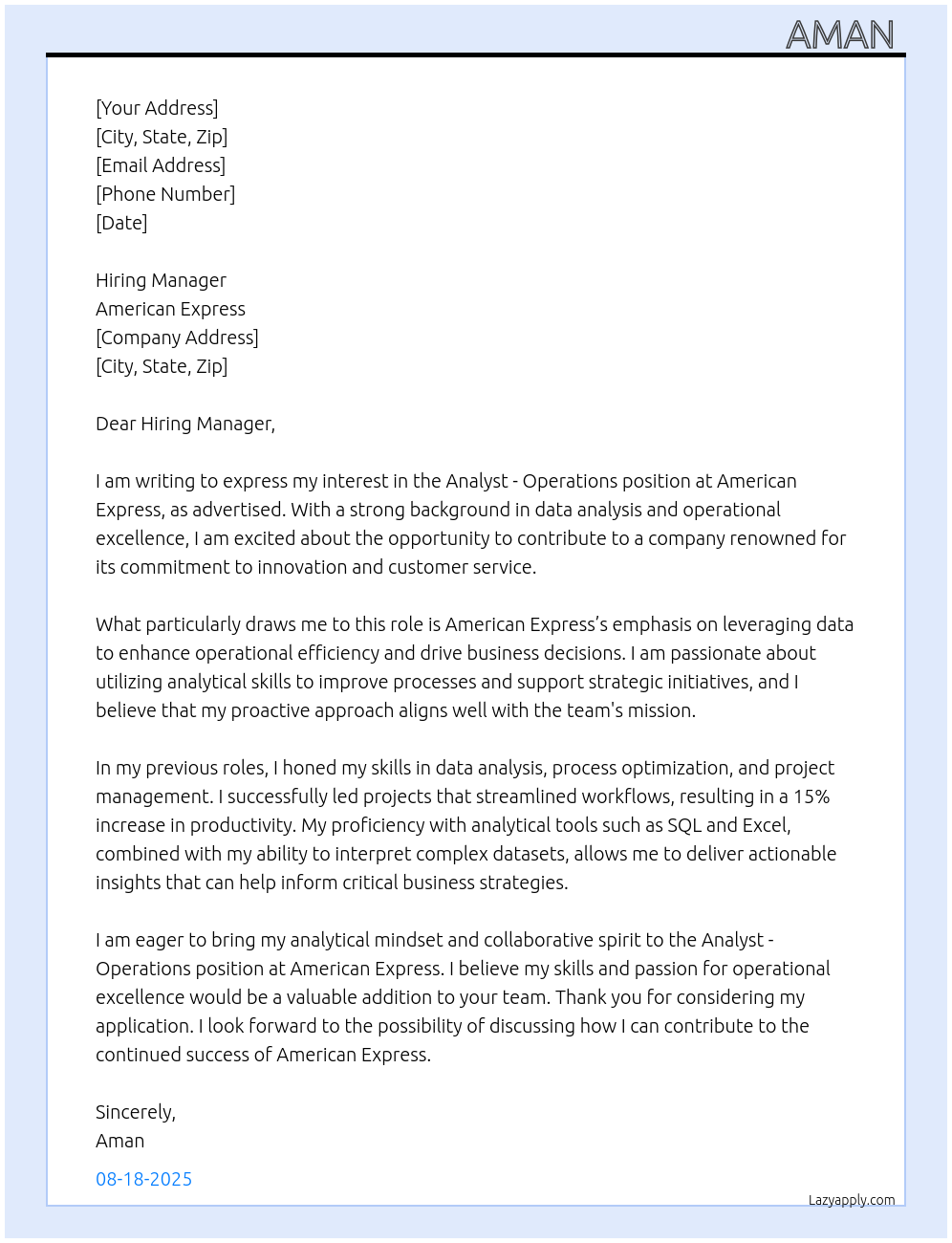 Analyst - Operations At American Express Cover Letter