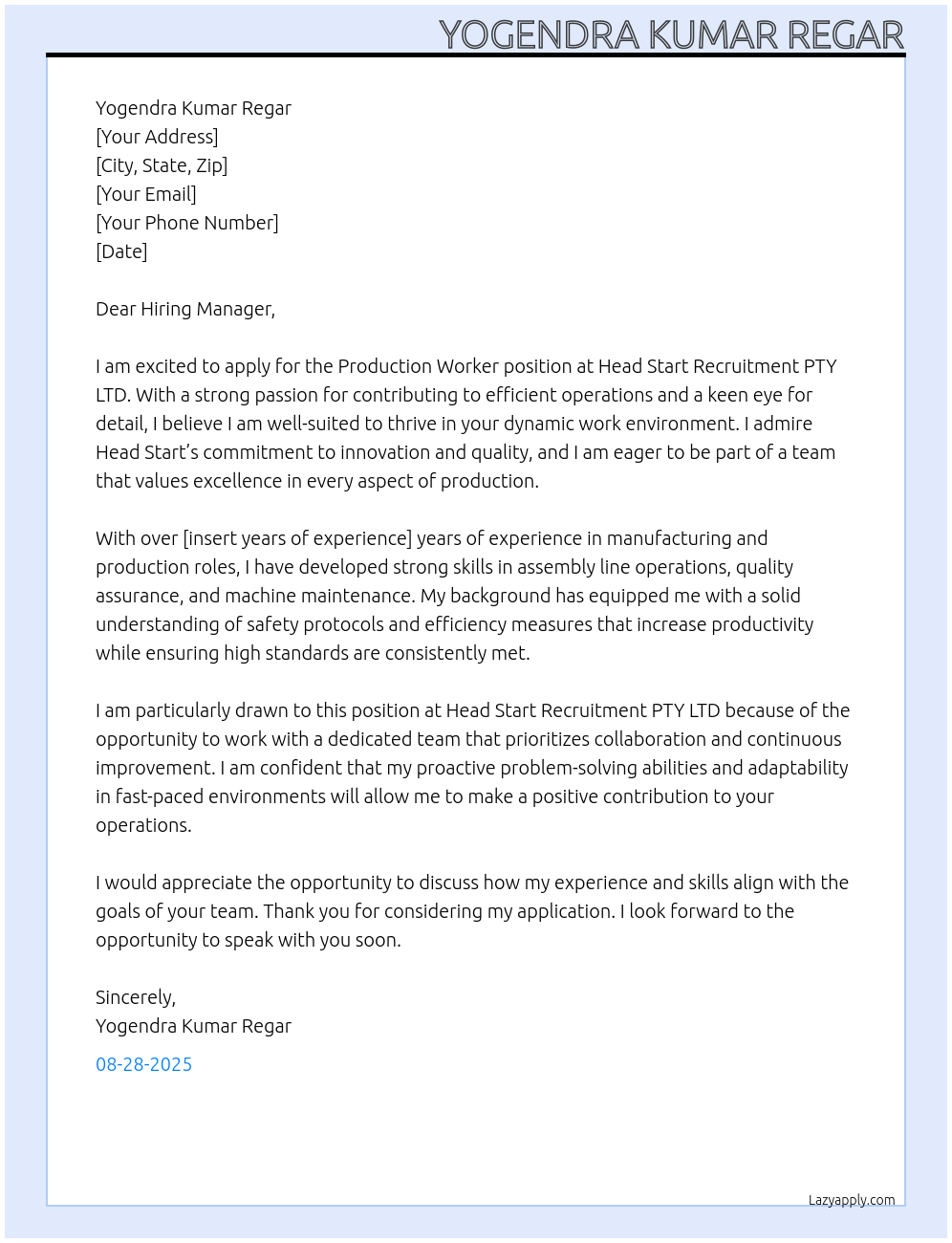 Cover letter for production worker - LazyApply