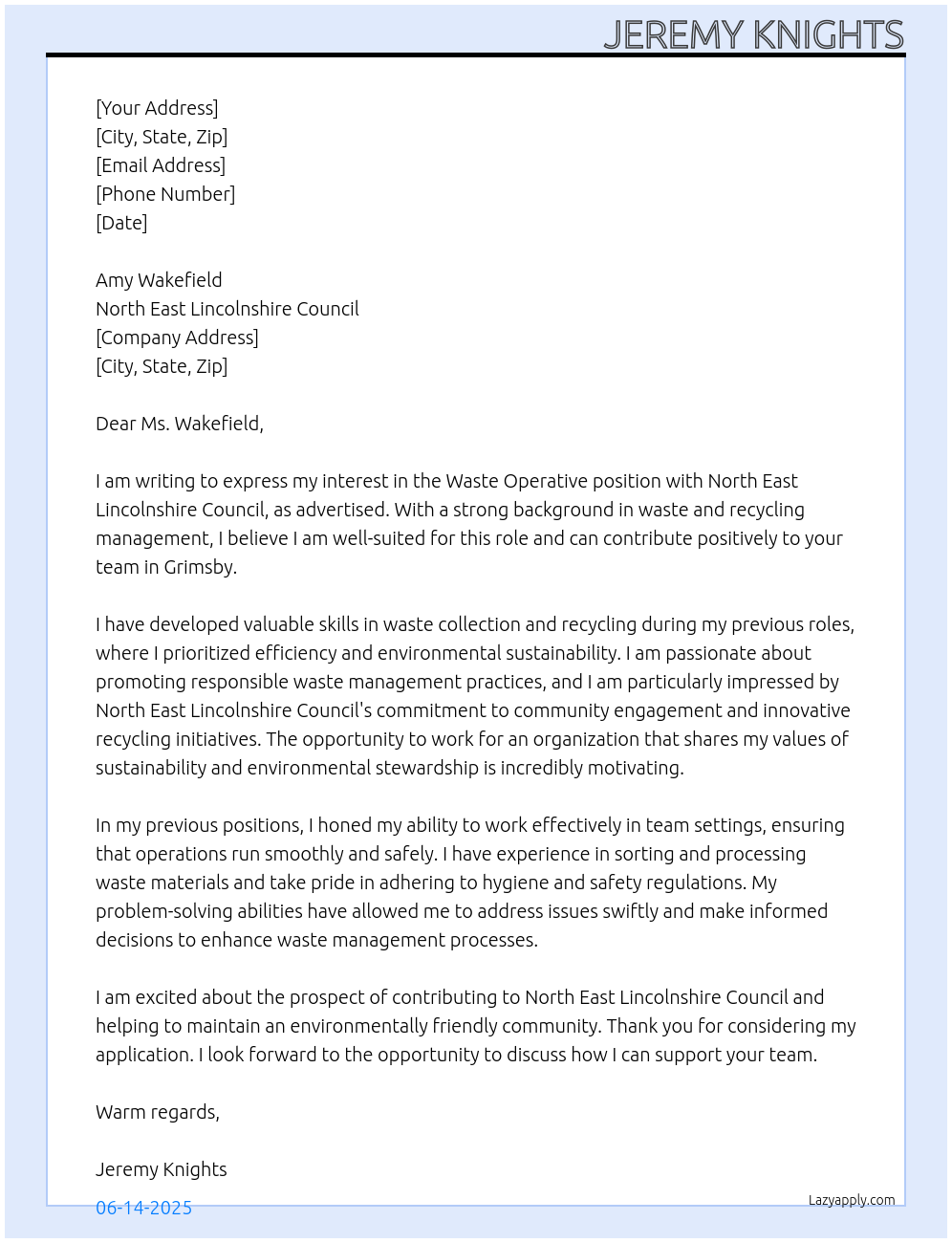 waste operative At North East Lincolnshire Council Cover Letter