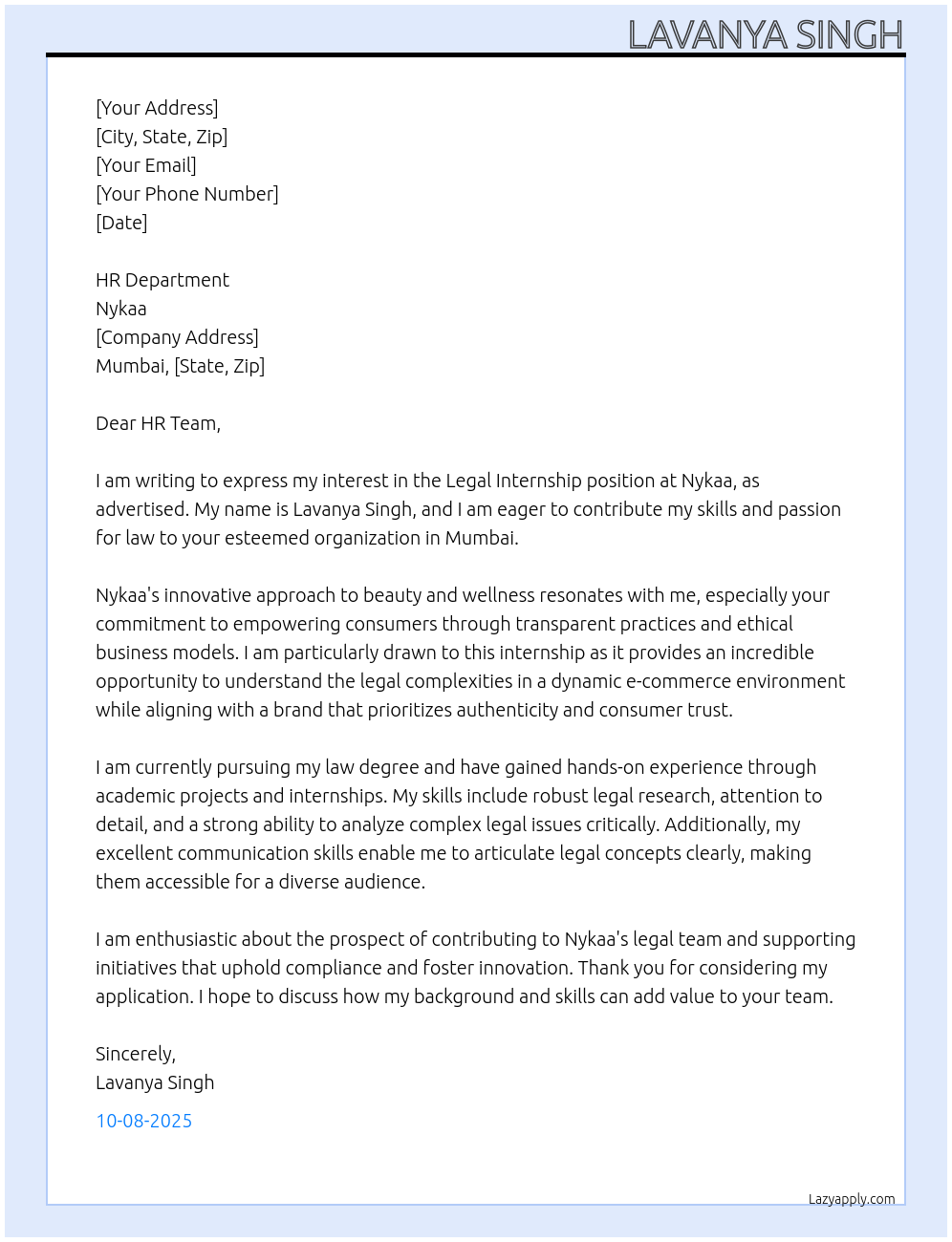 Cover letter for legal internship - LazyApply