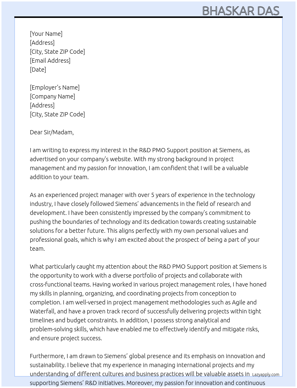 Cover letter for r&d pmo support - LazyApply