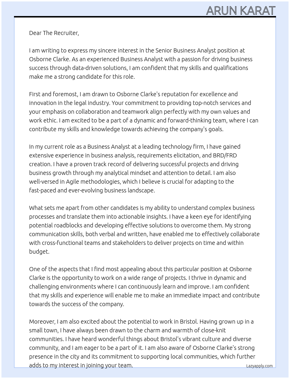 Senior Business Analyst At Osborne Clarke Cover Letter