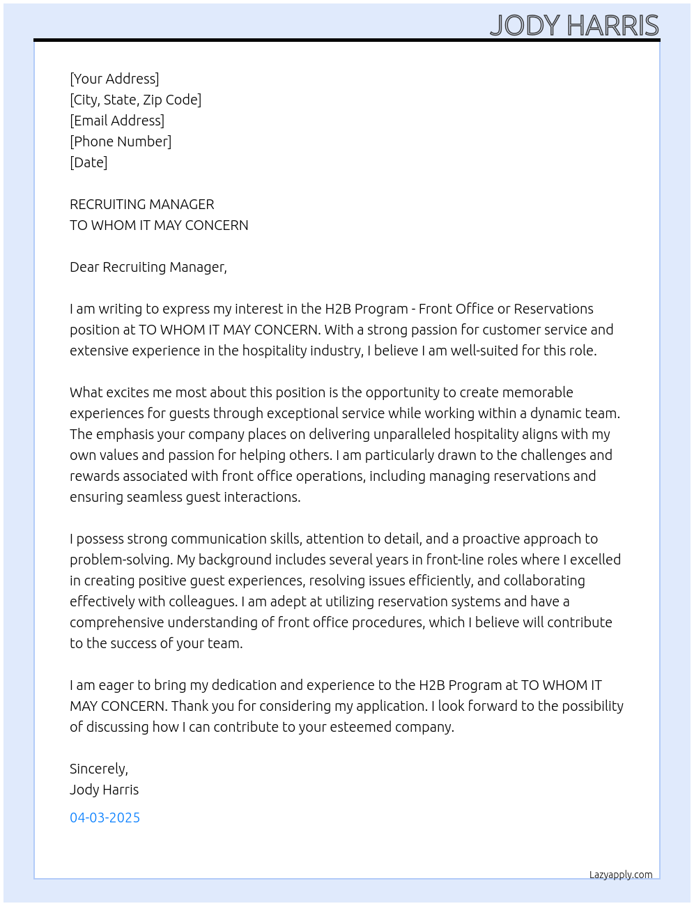 H2B PROGRAM- FRONT OFFICE OR RESERVATIONS At TO WHOM IT MAY CONCERN Cover Letter