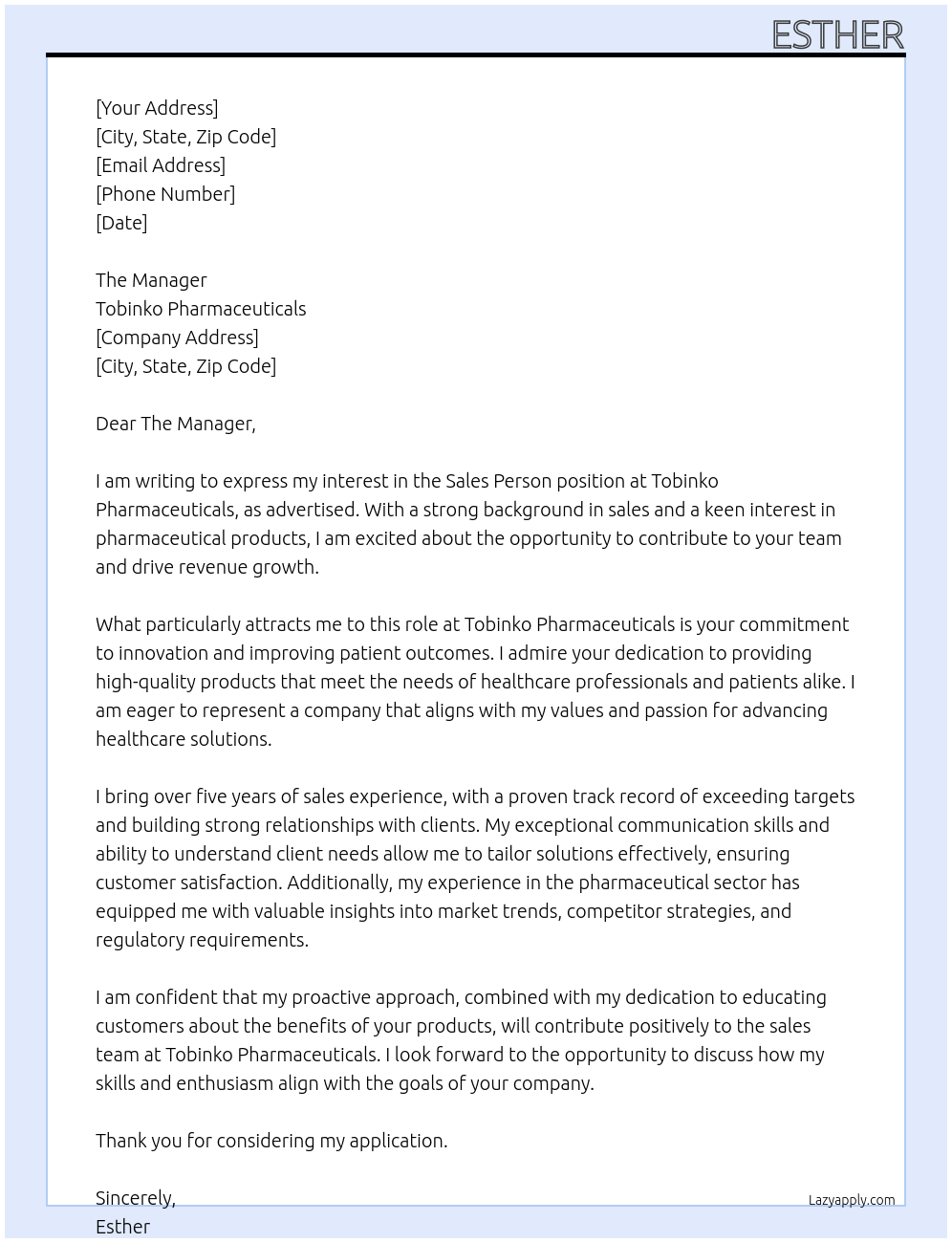 Cover letter for sales person - LazyApply