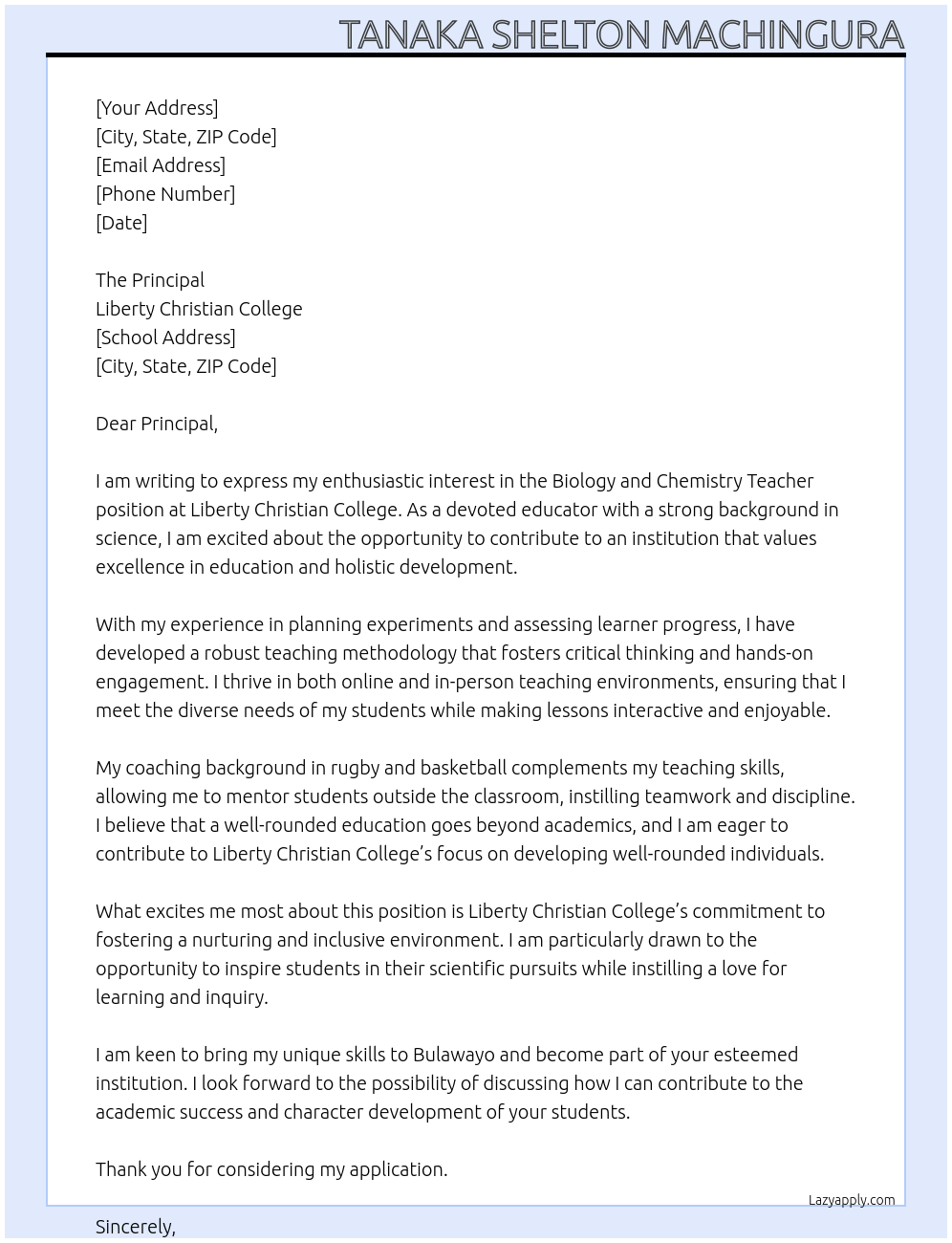 Cover letter for biology and chemistry teacher - LazyApply