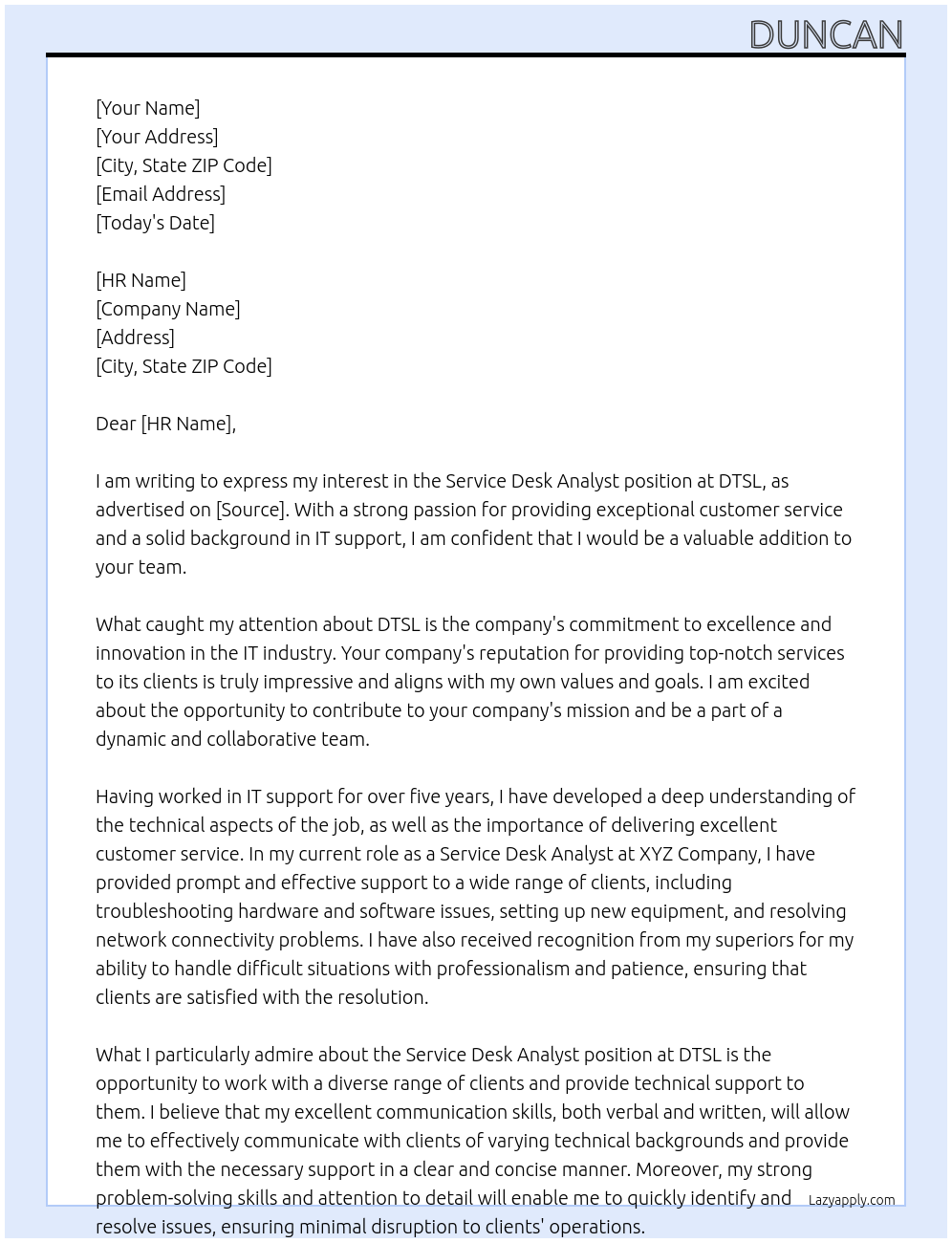 Service Desk Analyst At DTSL Cover Letter