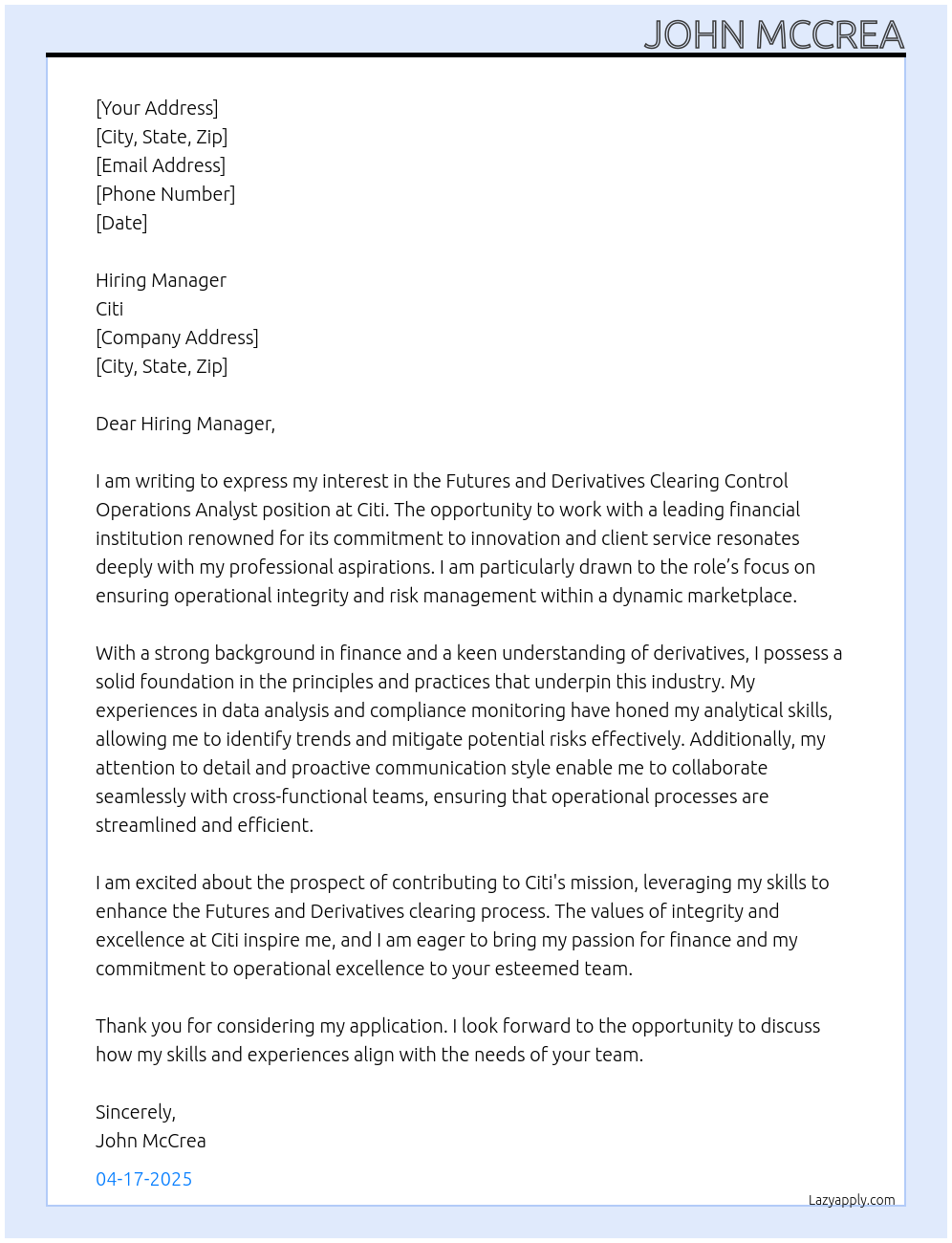 Futures and Derivatives Clearing Control Operations Analyst At Citi Cover Letter