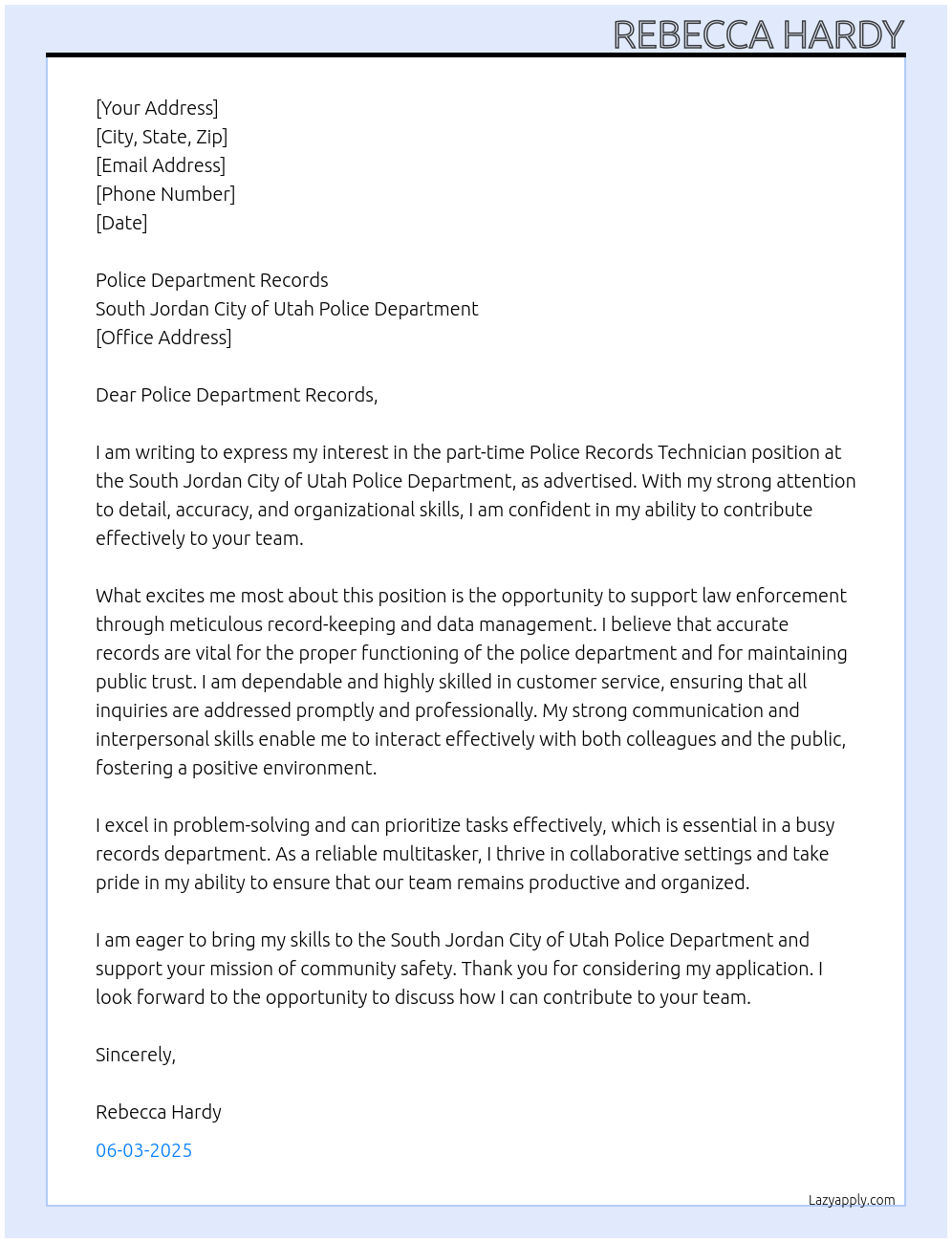 Cover letter for police records technician - LazyApply