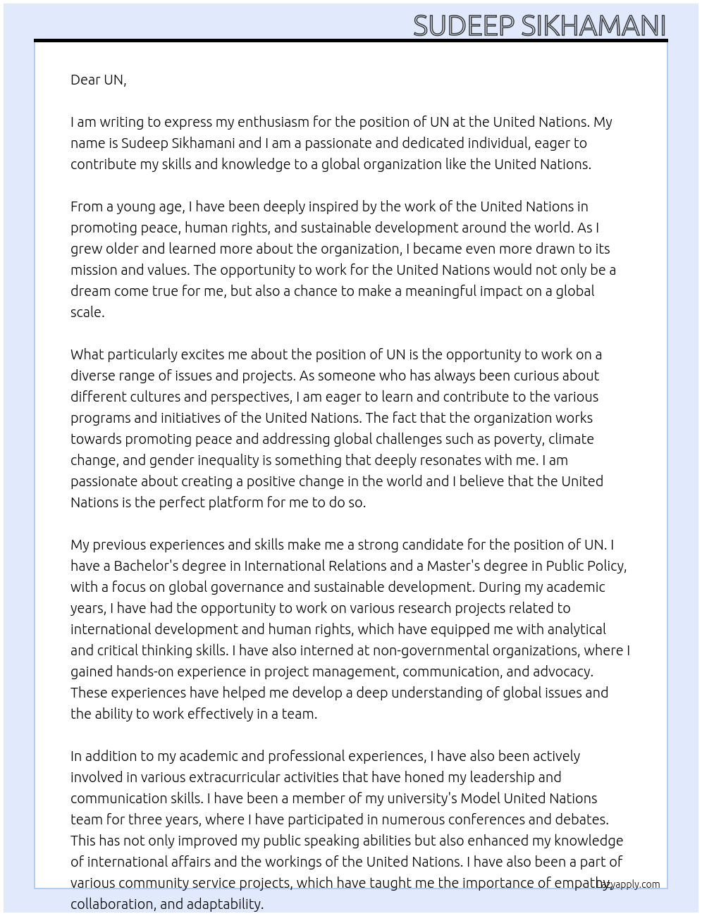 Cover letter for un - LazyApply