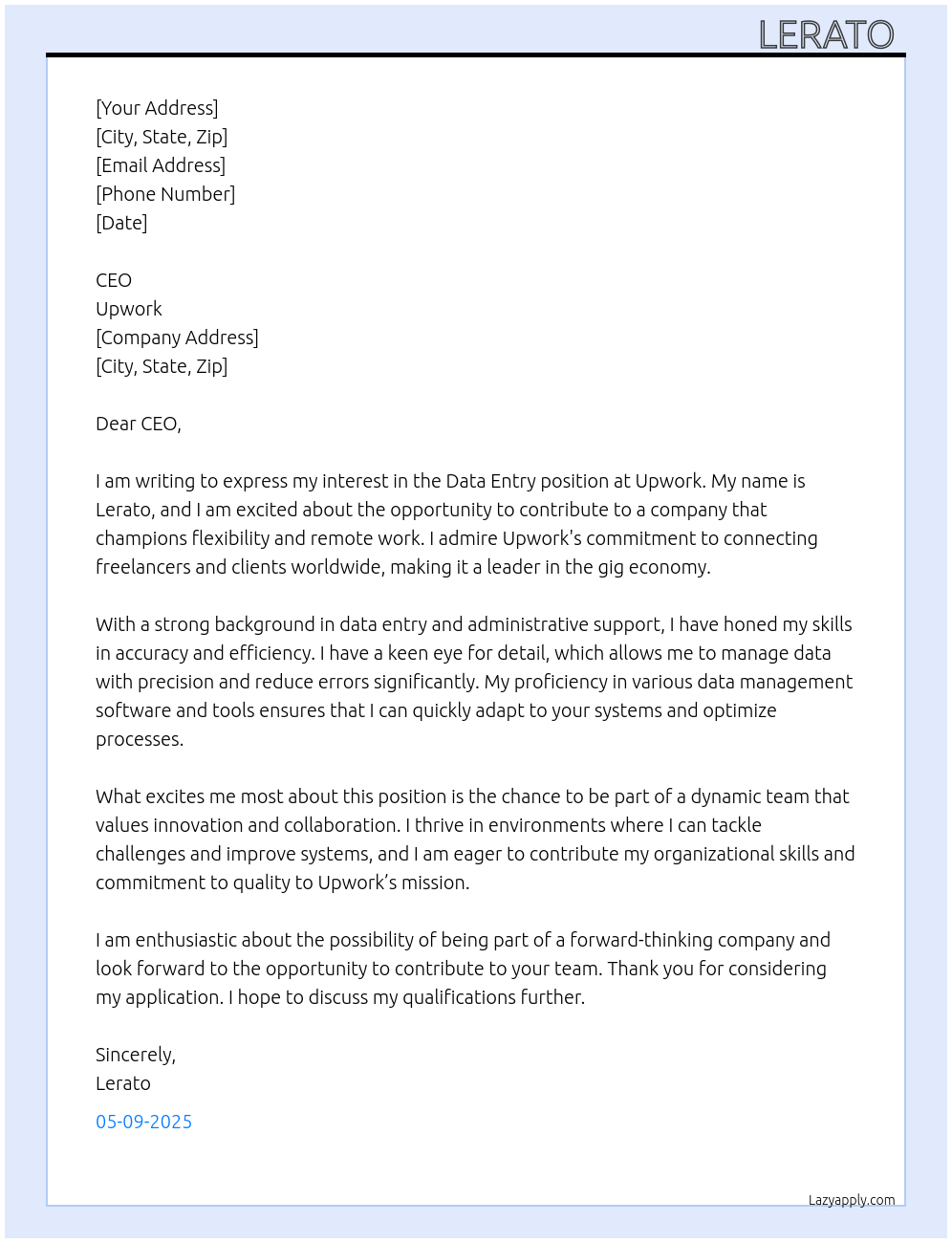 Data entry At Upwork Cover Letter