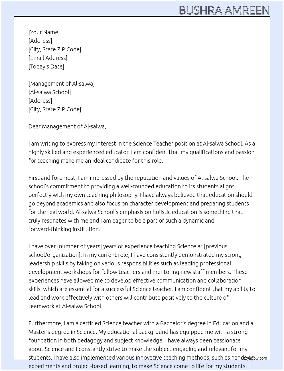 Science teacher At Al-salwa school Cover Letter