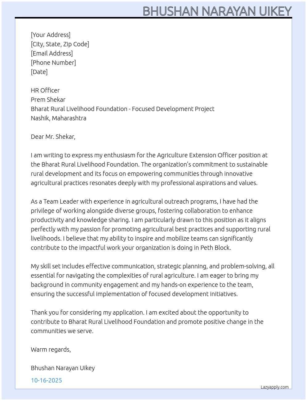 Cover letter for agriculture extension officer - LazyApply