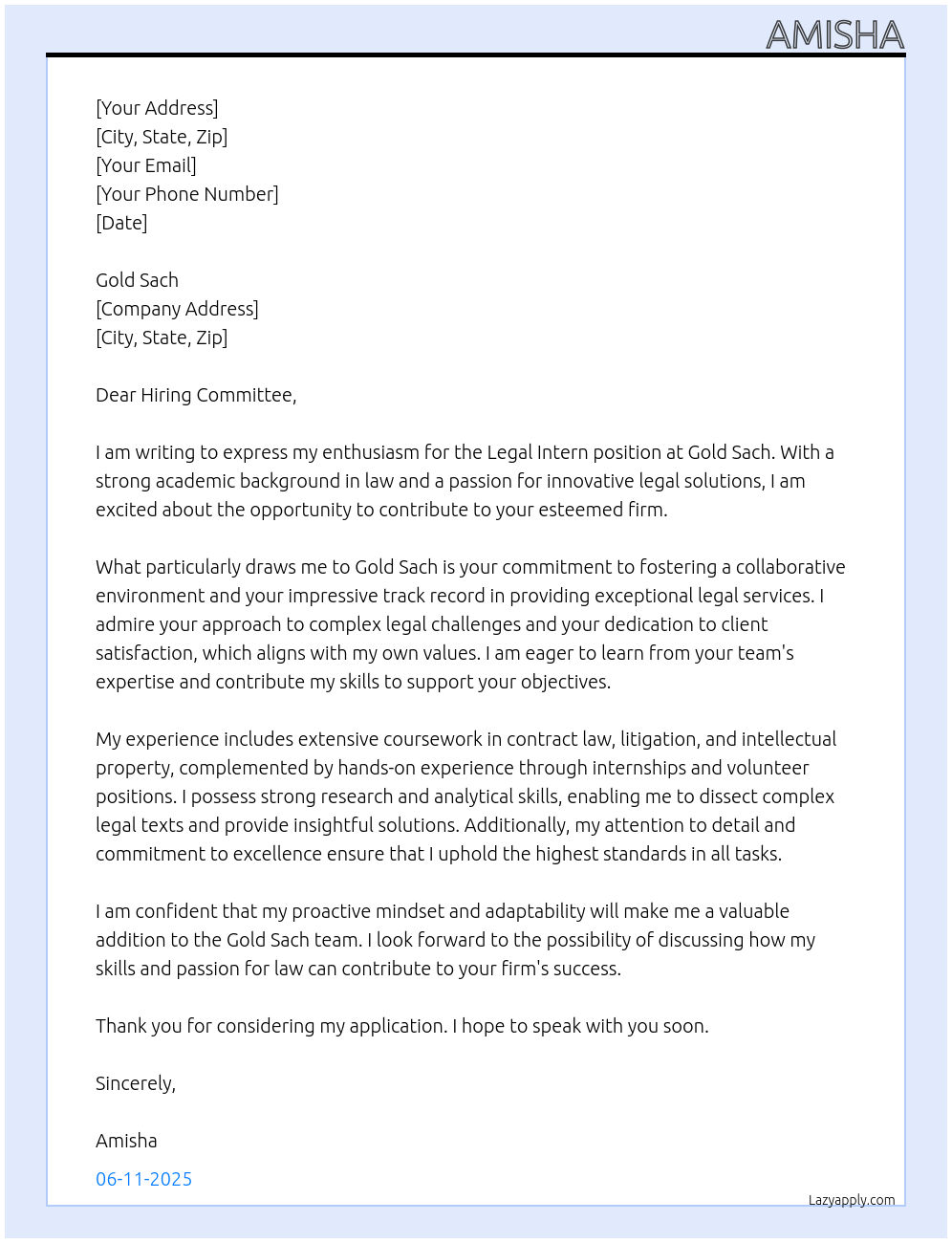 legal intern At gold sach Cover Letter