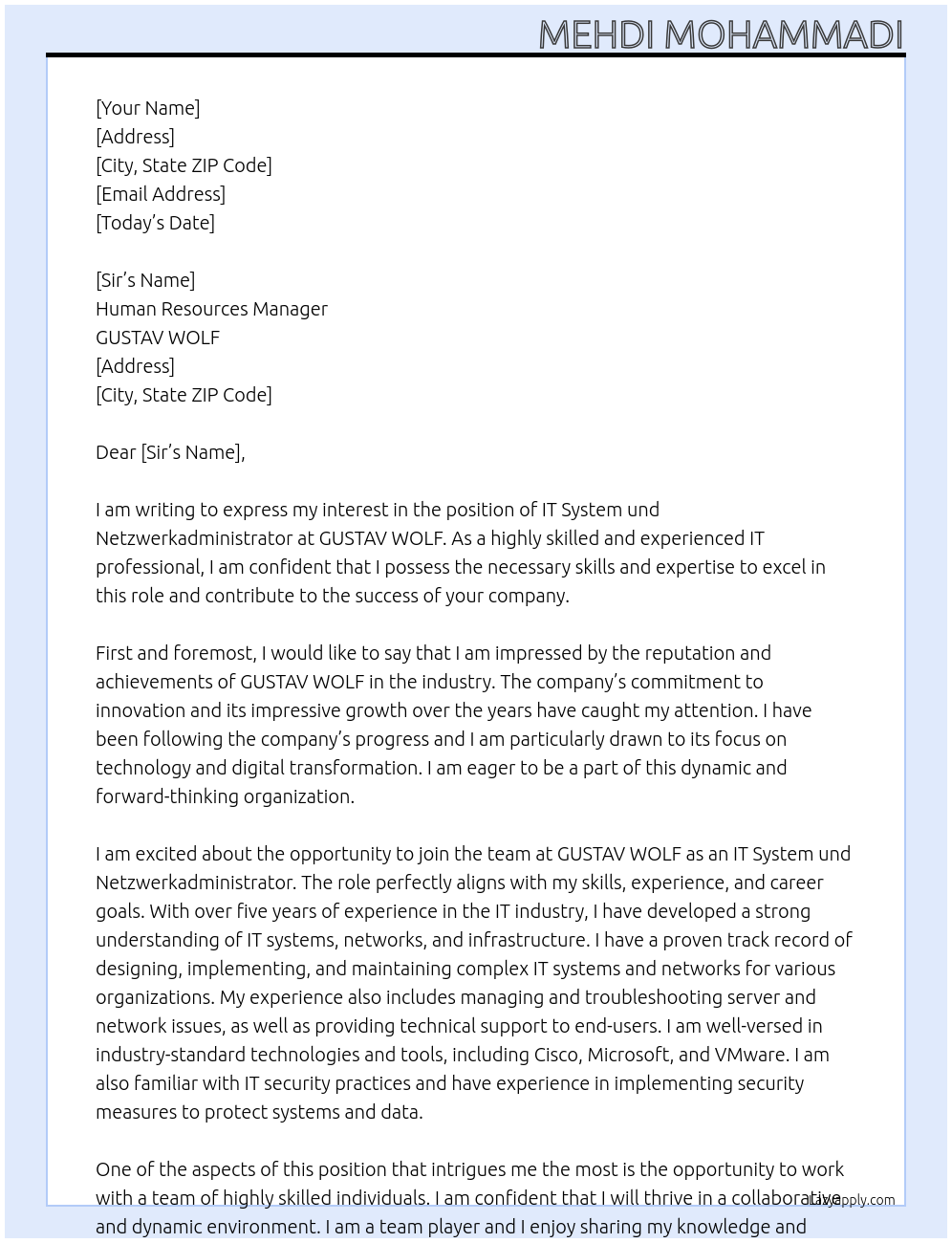 Cover letter for it system und netzwerkadministrator - LazyApply