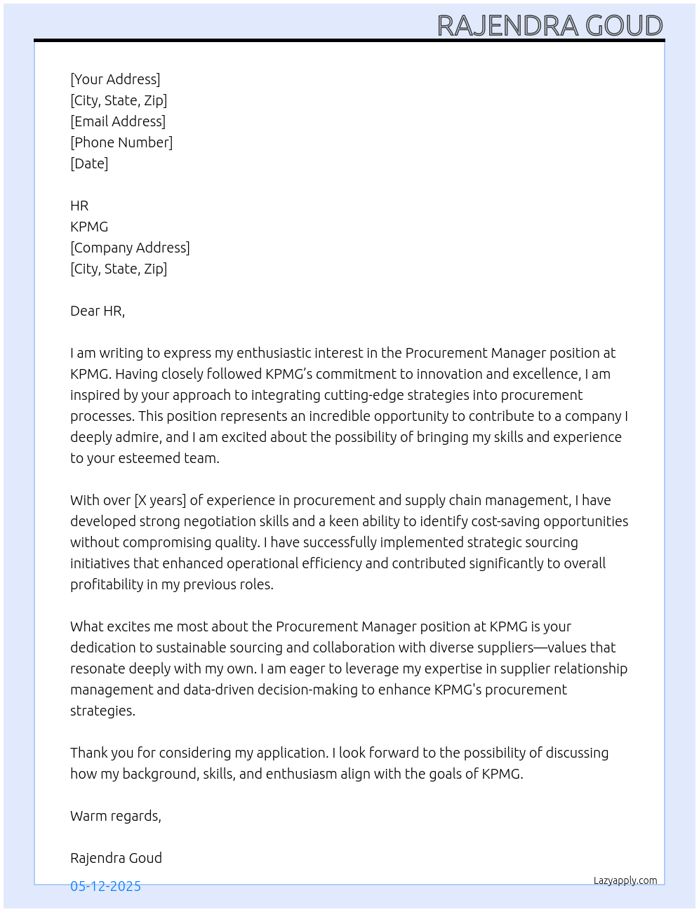 Procurement Manager At KPMG Cover Letter