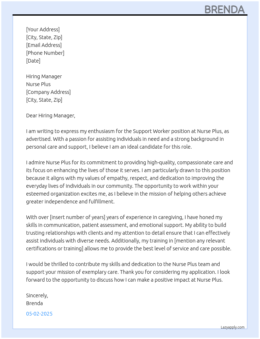 Support worker  At Nurse plus Cover Letter