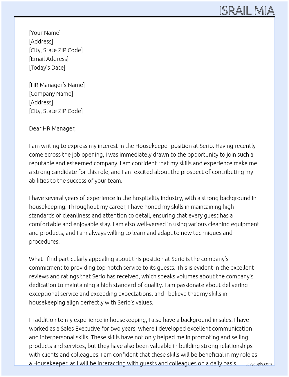 Housekeeper At Serio Cover Letter