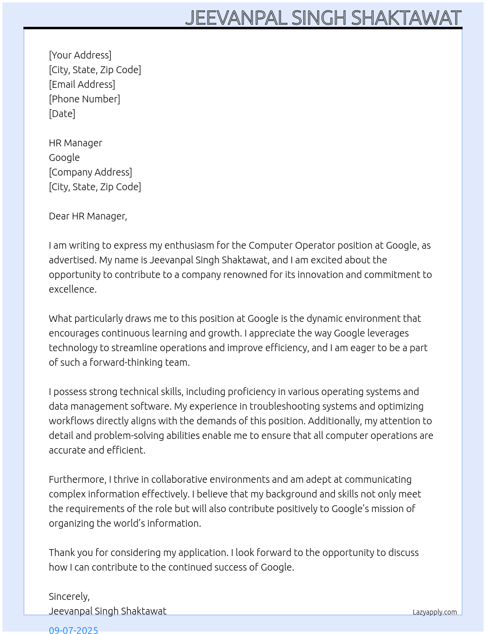 computer operator At google Cover Letter