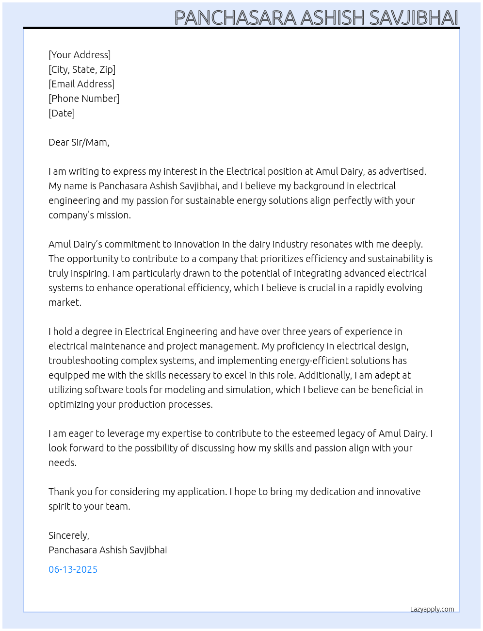 Electrical At Amul dairy Cover Letter