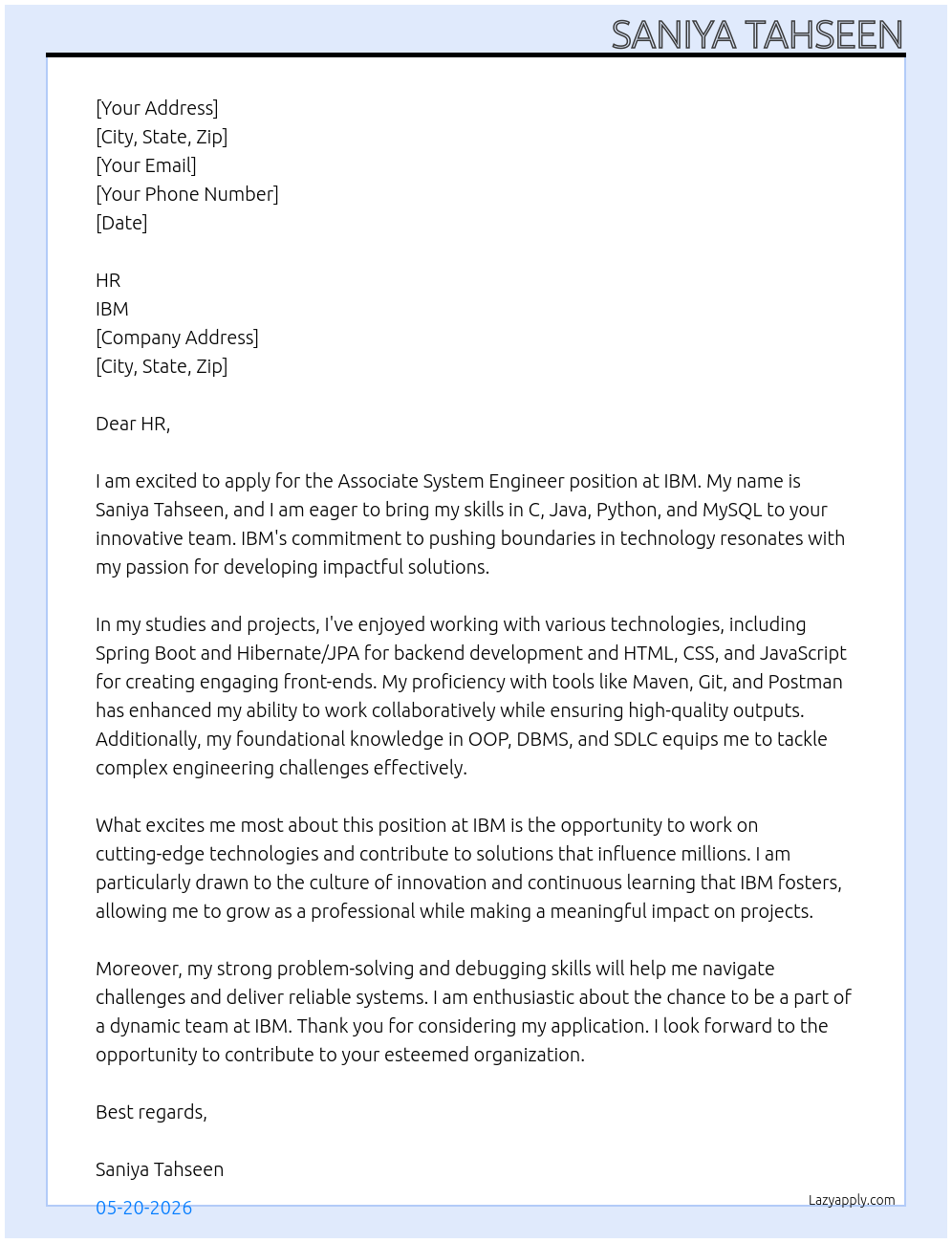Associate System Engineer At IBM Cover Letter