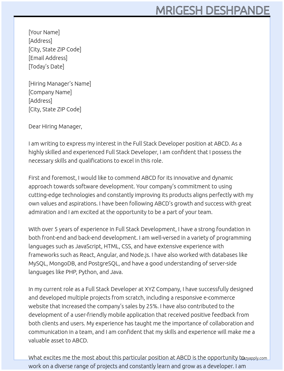 Full Stack Developer At abcd Cover Letter
