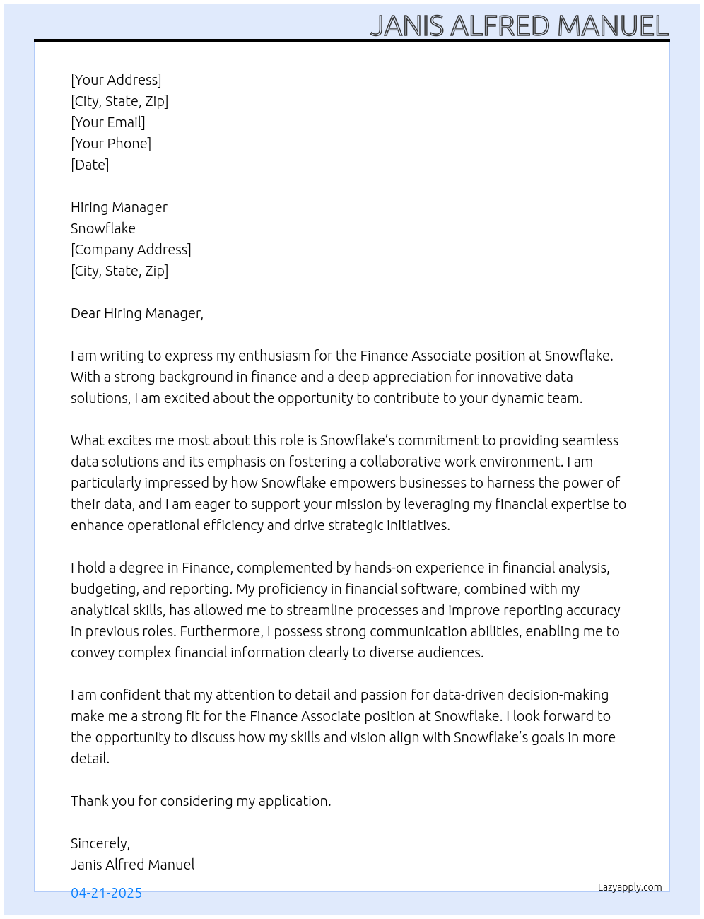 Finance Associate At Snowflake Cover Letter