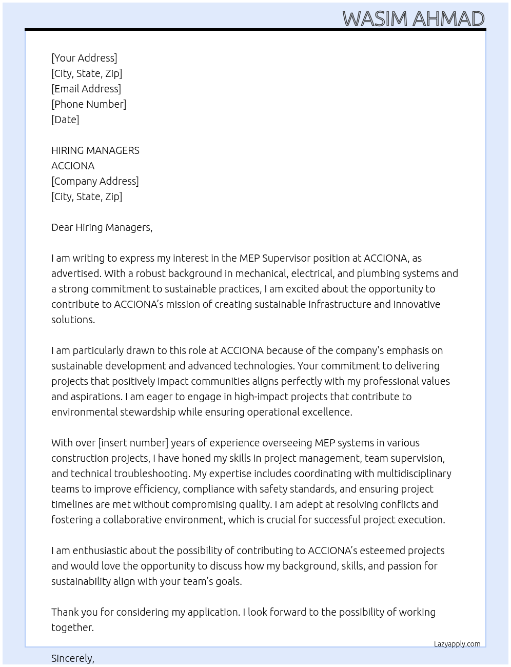 MEP SUPERVISOR At ACCIONA Cover Letter