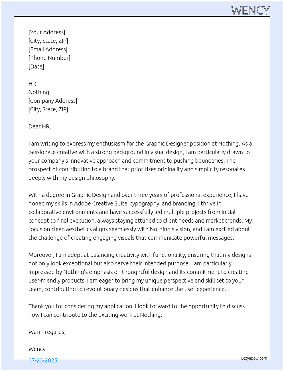 Graphic Designer At Nothing Cover Letter