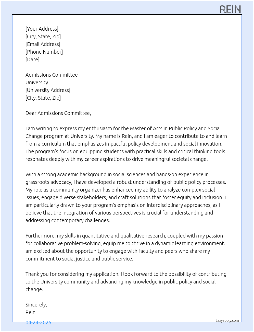 master of arts in public policy and social change  At university Cover Letter