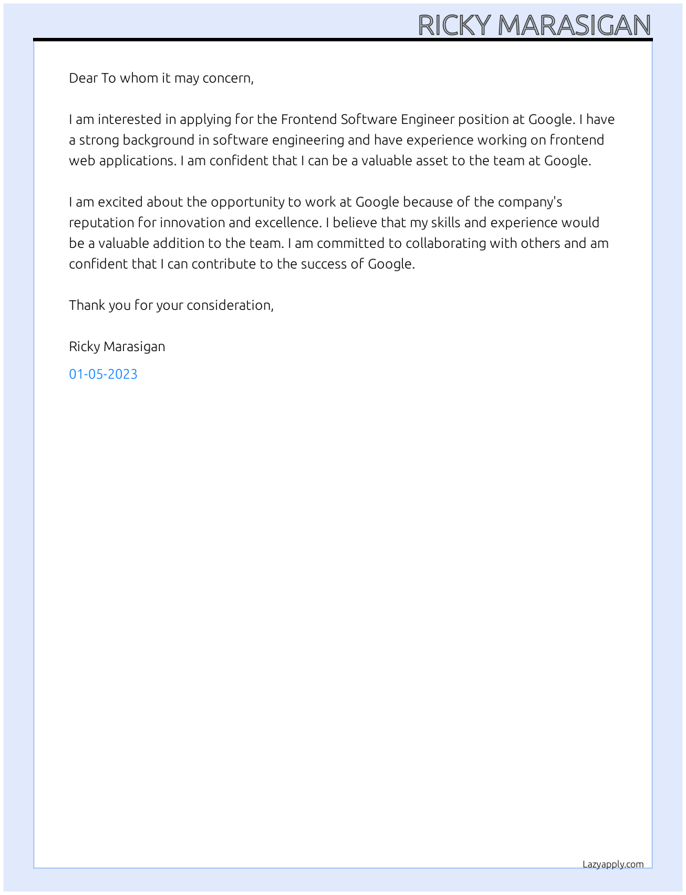 Cover letter for frontend software engineer - LazyApply