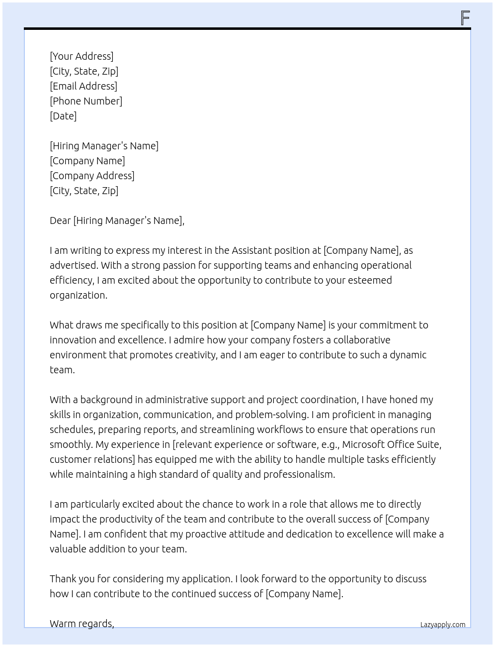 Assistant At f Cover Letter