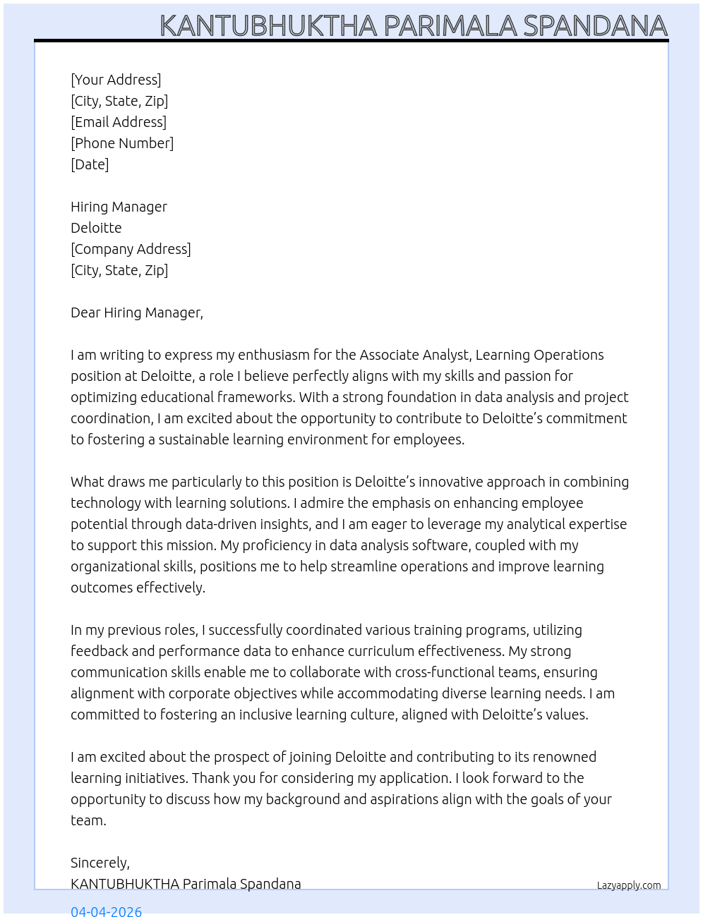 Associate analyst learning operations  At Deloitte  Cover Letter