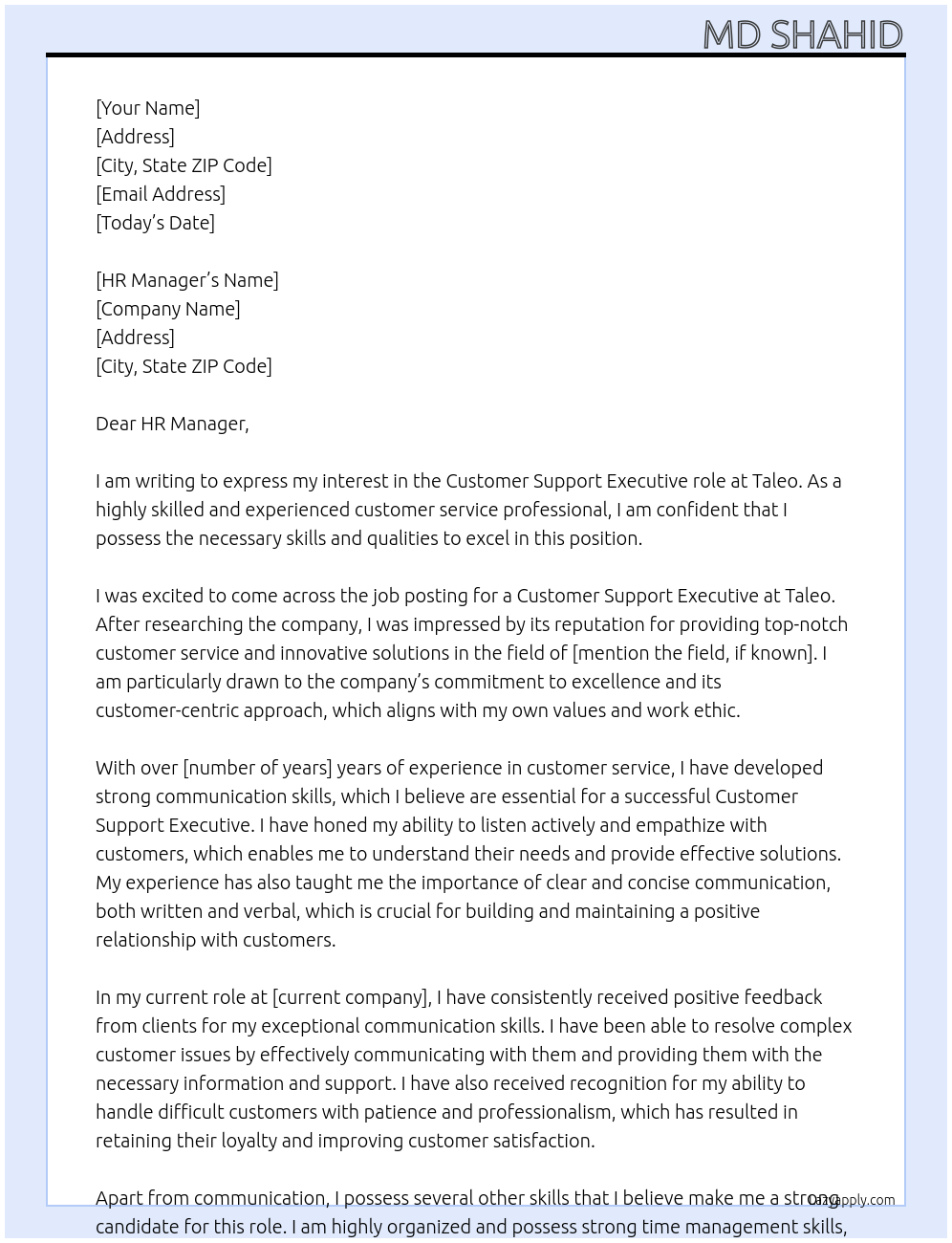 Customer Support Executive At Taleo Cover Letter