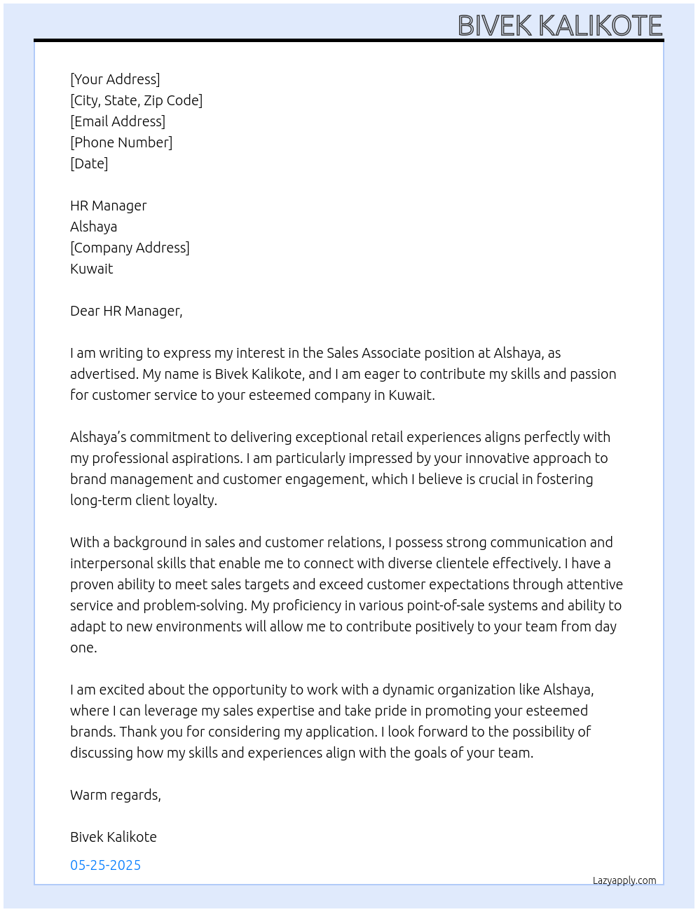 Sales Associate At Alshaya Cover Letter
