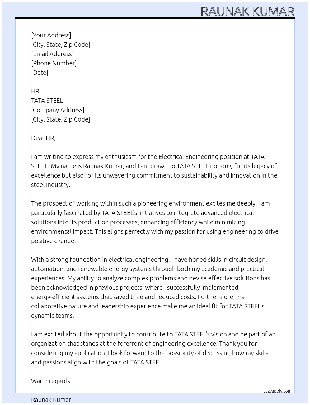 Electrical engineering At TATA STEEL Cover Letter