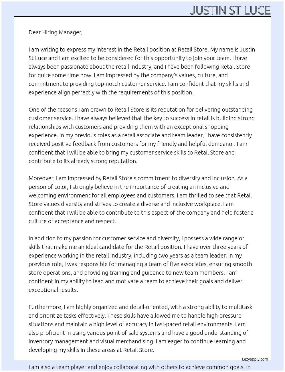 Retail At Retail store Cover Letter