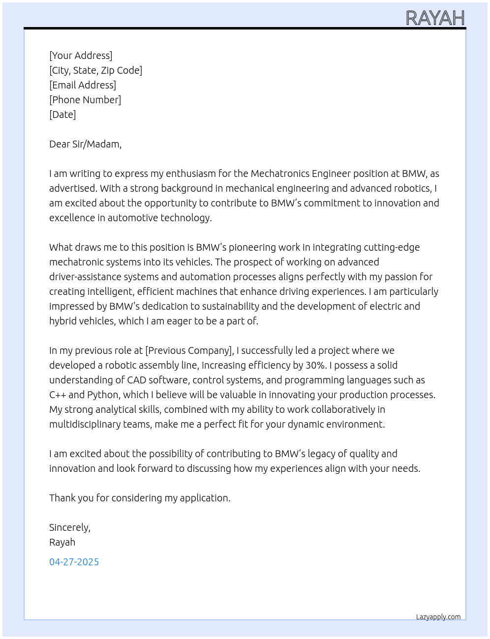 Cover letter for mechatronics engineer - LazyApply