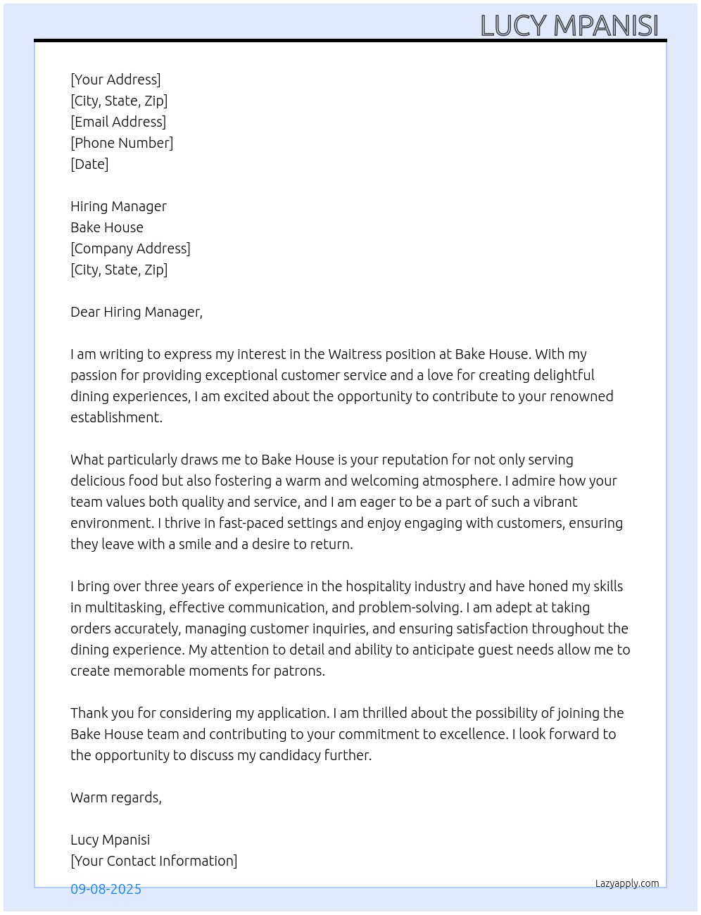 Waitress At Bake house Cover Letter