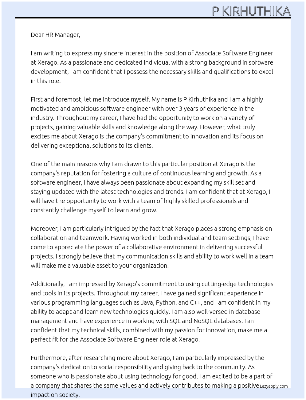 Associate Software Engineer At xerago Cover Letter