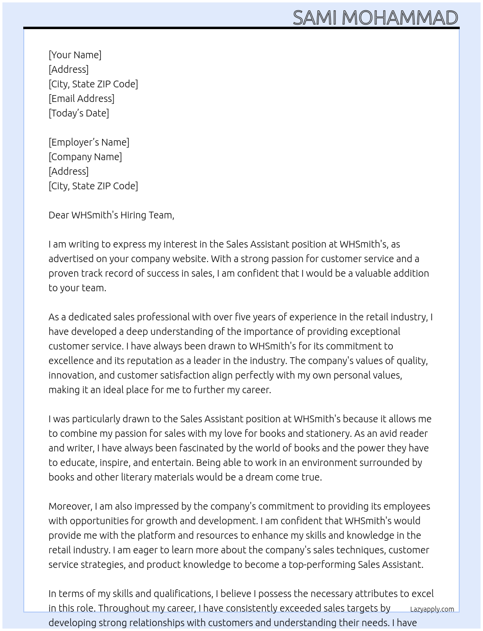 Sales Assistant At WHSmith's Cover Letter