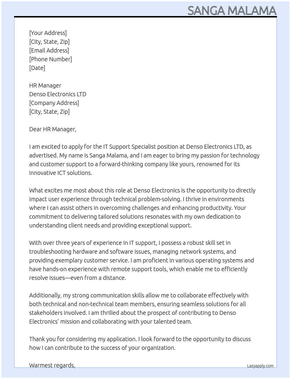 IT Support Specialist At Denso Electronics LTD (ICT Solution Provider) Cover Letter